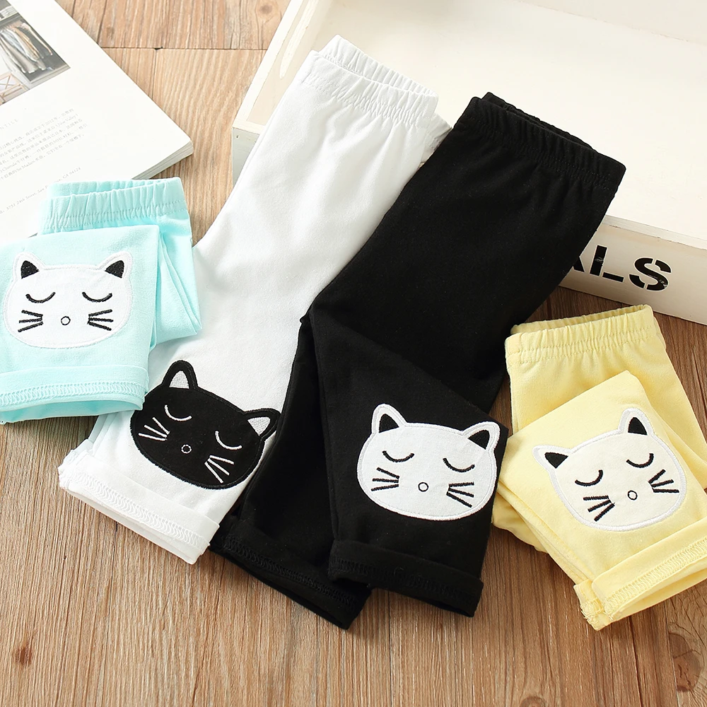 2024 Hot Summer 2-10 Years Old Baby Kids Children White Black Green Cat Print Basic Capri Thin Little Girls Knee Length Leggings