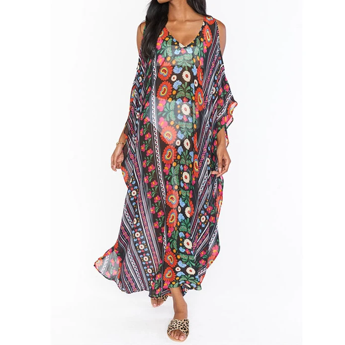 Robe De Plage en mousseline De soie pour femmes, imprimé bohème, Cover-Up pour Bikini, tunique d'été, Kaftan, vêtements De Plage