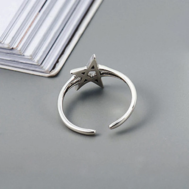 Exaggerated Personality 925 Sterling Silver Pentagram Rings For Women Jewelry Adjustable Antique Opening Finger Ring Anillos