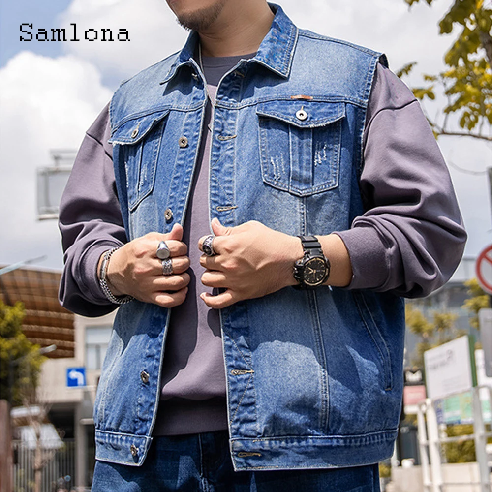 Plus Size 7xl Men Denim Jackets Sleeveless Multi-pocket Vest Jean Mens Fashion 2021 Single breasted Coats Dark Blue Jeans Jacket