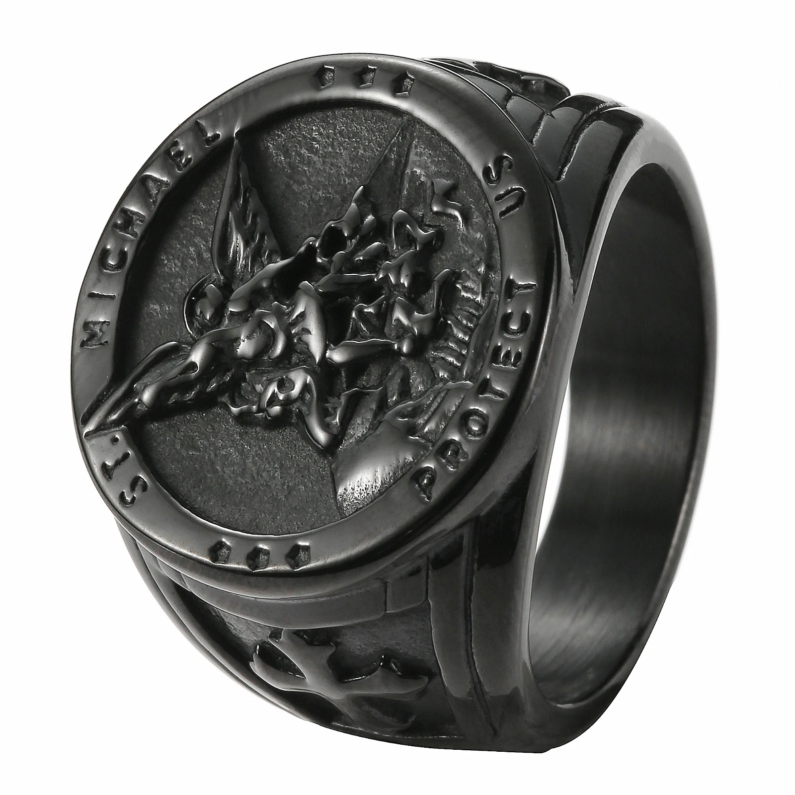 Size 7-14 Cross SAINT MICHAEL PROTECT US Ring 316L Stainless Steel Boys Mens New Cross Ring