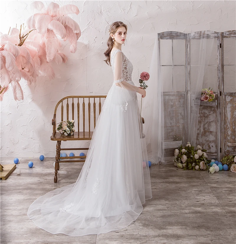 Vestido de novia de encaje con manga acampanada y cuello en V, ropa de boda bohemia de tul, barata, de manga larga, para playa