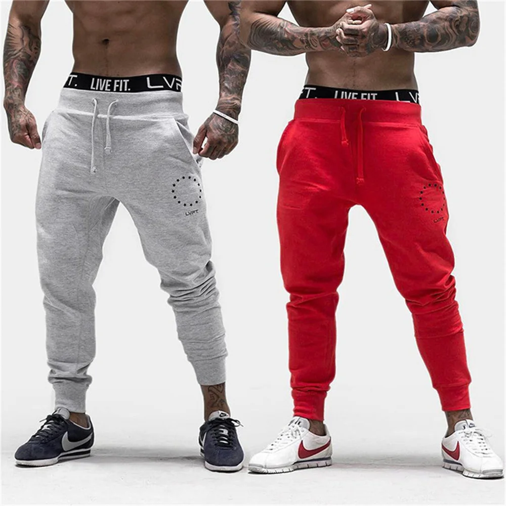 

Men's Fitness Sports GYM Bodybuilding Workout Running Pants Breathable Slim Cotton Fit With Small Feet Trousers Black White Red