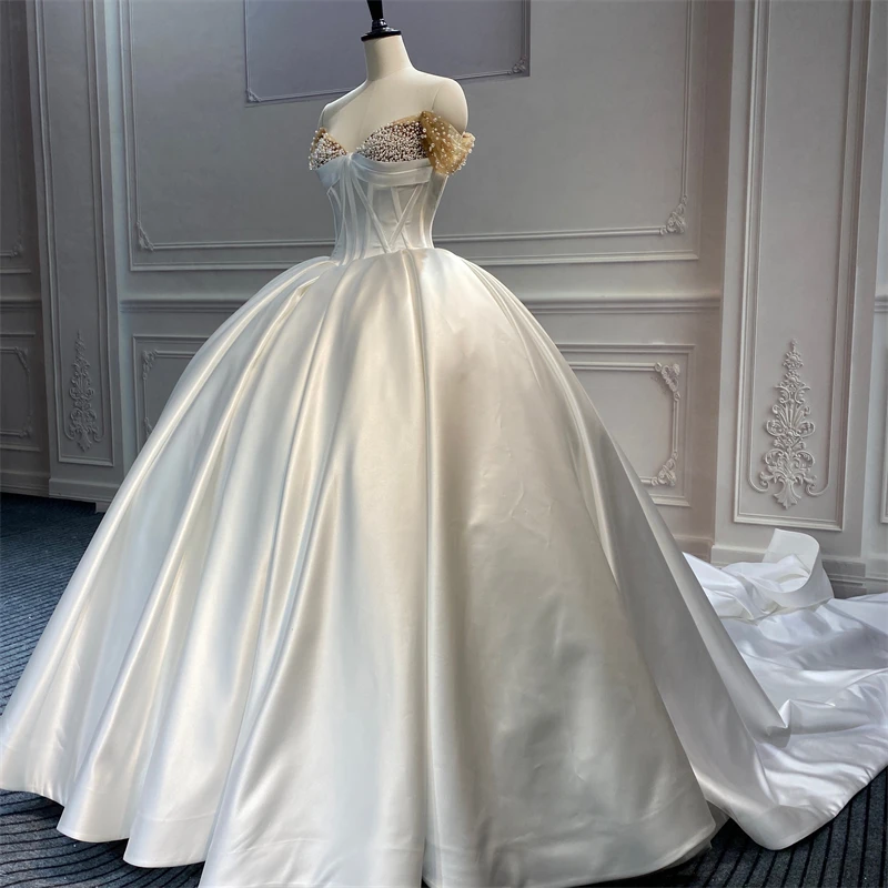 Classic Pearls Off Shoulder Satin Wedding Dress Sweetheart Lace Up Sweep Train Custom Made Bridal Ball Gown Vestido De Novia