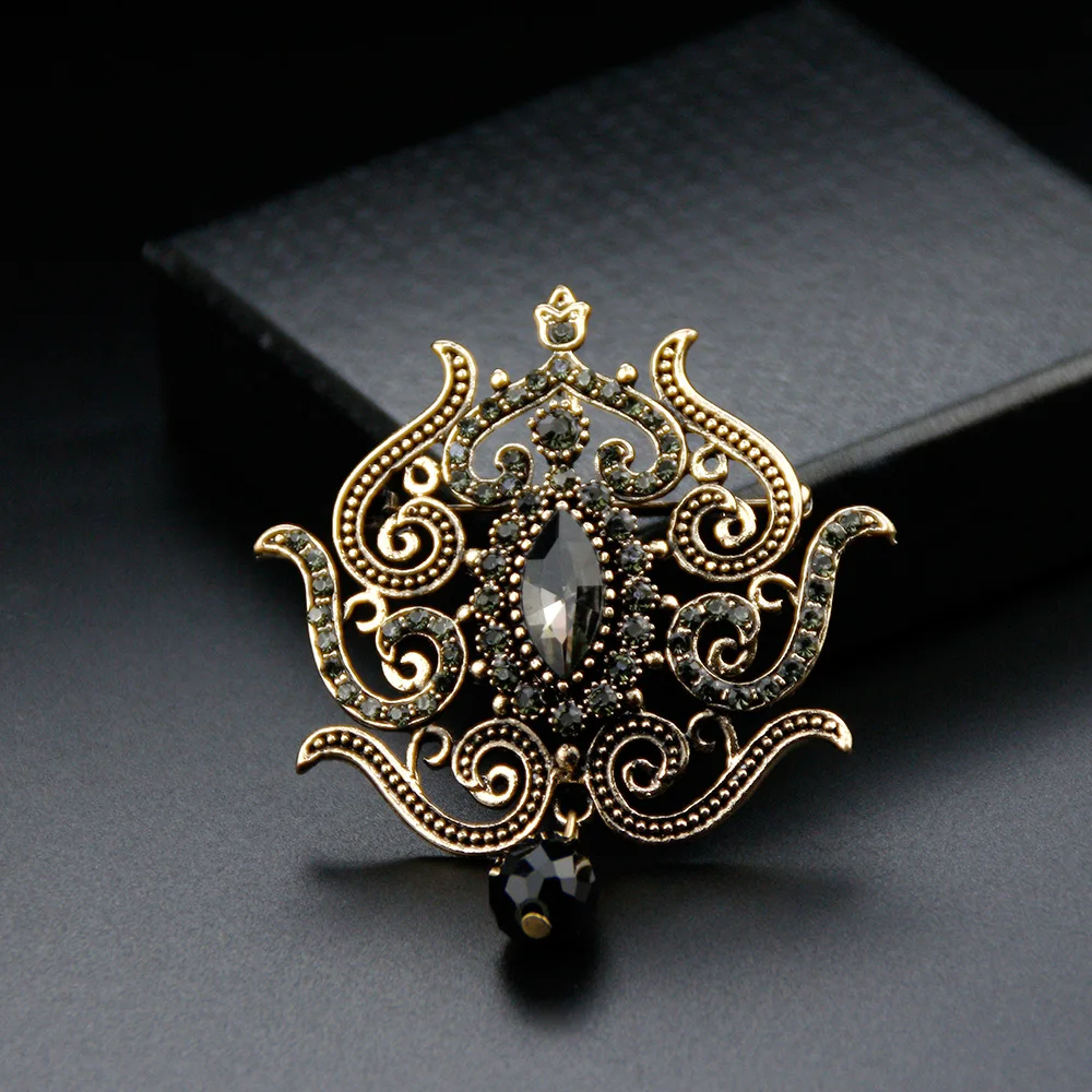 Sunspicems Retro Gold Color Women Flower Brooch Vintage Gray Crystal Bohemia Banquet Jewelry Arab Caftan Robe Brooches Pins Gift