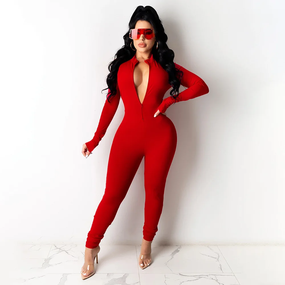 Plus Size Zwart Wit Effen Jumpsuit Vrouwen Lange Mouw Een Stuk Outfit V Neek Jumpsuits Vrouwelijke Fitness Rits Bodycon Jumpsuits