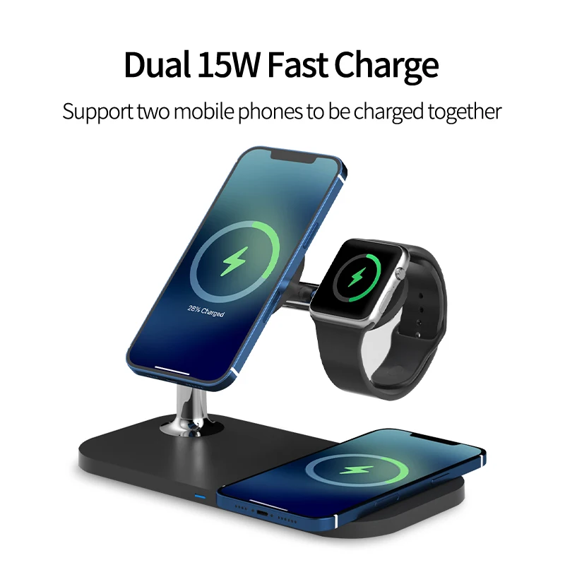15W Magnetic Wireless Charger Dock for iPhone 12 13 Pro Max Desktop Phone Stand Wireless Charger for AirPods Pro Apple Watch 7