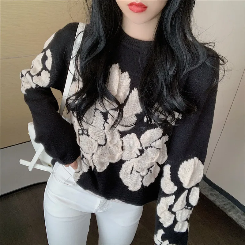 2020 Autumn Winter Floral Print Sweater Women Knitted Pullover Femme Sweaters High Quality Knitted  black Sweater Jumper