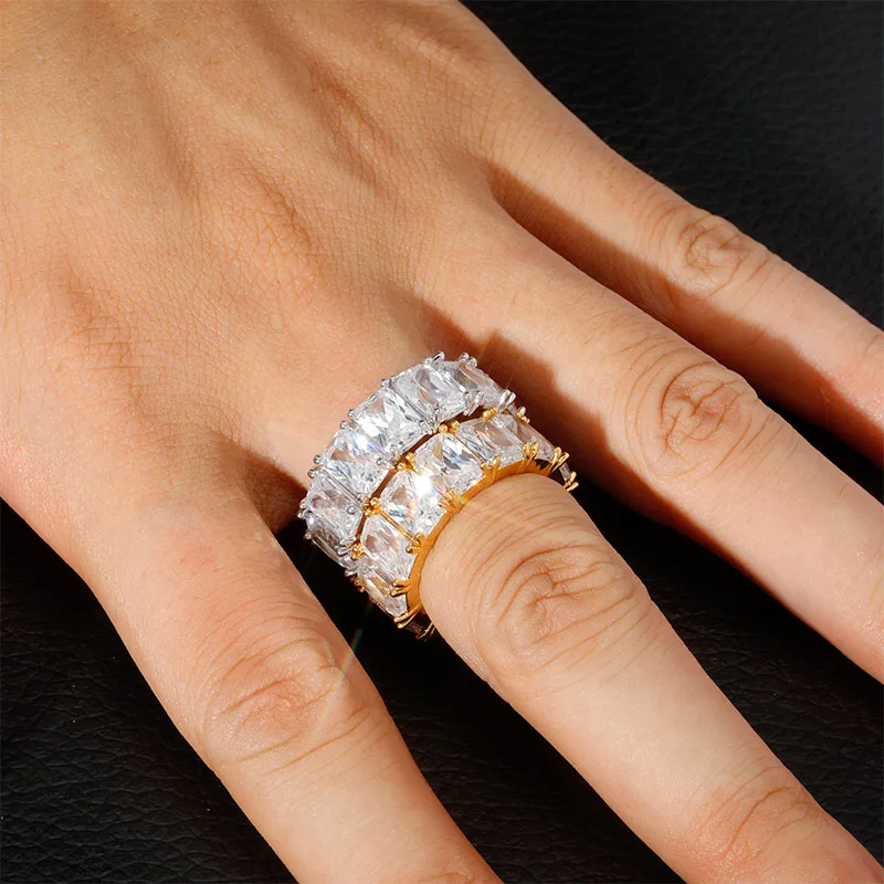 TOPGRILLZ 1 Row Solitaire Tennis Men\'s Ring Copper Charm Baguette Cubic Zircon Iced Ring Fashion Hip Hop Jewelry For Gifts