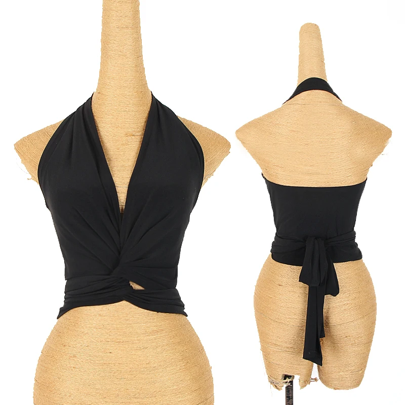 Latin Dance Tops Women Sexy V-neck Halter Bandage Vest Rumba Samba Tap Dancing Practice Clothes Backless Black Shirts DNV13841