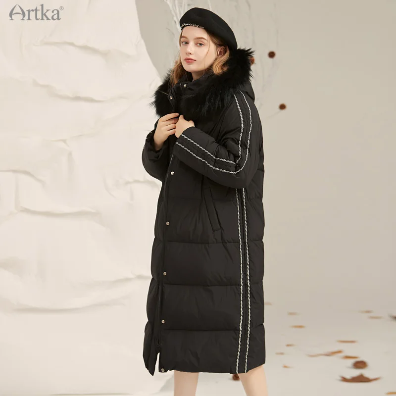 

ARTKA 2021 Winter New Women Down Coat Fashion Casual 90% White Duck Down Coat Long Hooded Fur Collar Black Warm Coats YK20011D