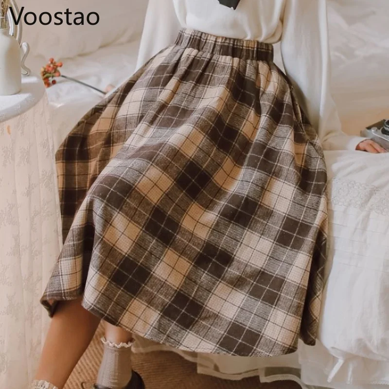 Autumn Winter Woolen Plaid Vintage Skirt Women Japanese Style Chic Patchwork Elegant Midi Skirt Female Y2k Korean Fashion Skirts