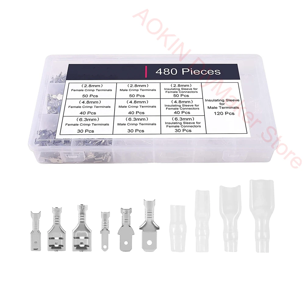 480 pcs Male Female Spade Connectors Wire Crimp Terminal Block with Insulating Sleeve Assortment Kit