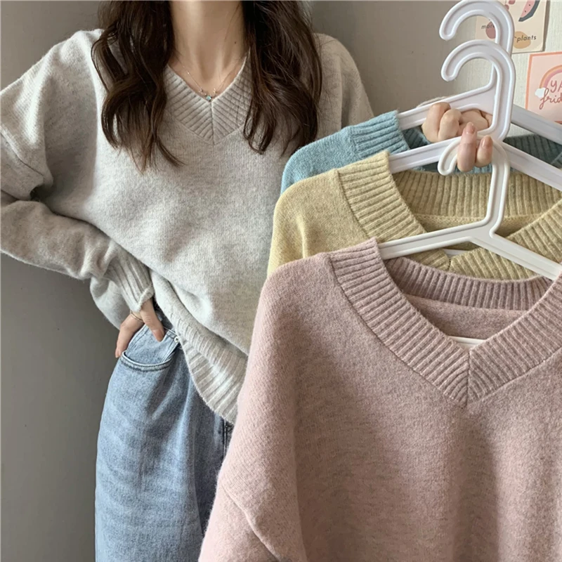 Fashion V-neck Sweaters Women Pullovers Autumn Warm Solid Basic Daily Loose Elegant Jumpers Sweet Stylish Popular All-match Chic