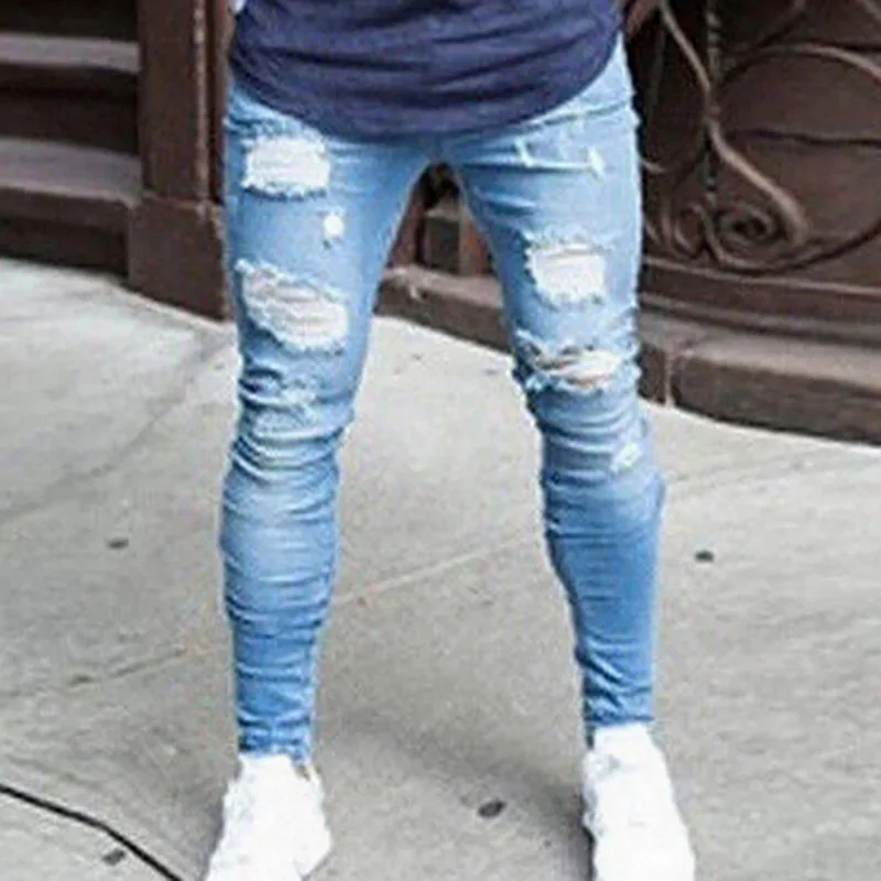 2024 Kokerbroek Elastische Joggingbroek Mannen Fit Effen Gescheurde Denim Harembroek Casual Zwart Blauw Wit Vernietigde Jeans Broek