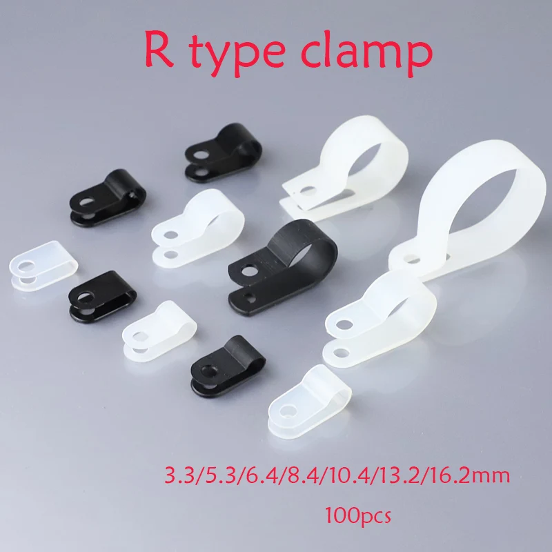 100PCS/lot  Clips Black Hose Fasteners Cable Durable R-Type Nylon Cable Clamp Mounting Fix Hardware Electrical Fittings