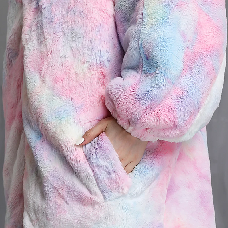 Nerazzurri Loose Tie Dye Hoodie Sweatshirt Women Winter Colorful Warm Thick Oversized Soft Faux Fur Jacket Designer Fashion 2022