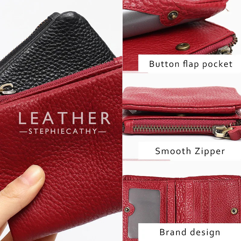 SC Fashion Cowhide Short Wallet For Women Brand Design Functional Zipper Card Holder Female Genuine Leather Change Coin Purses