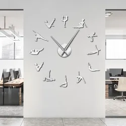 Pilates Poses Diy Big Needles Wall Clock For Girls Room Fitness Center Sport Exercise Health Quiet Watch Home GYM Decor Clock