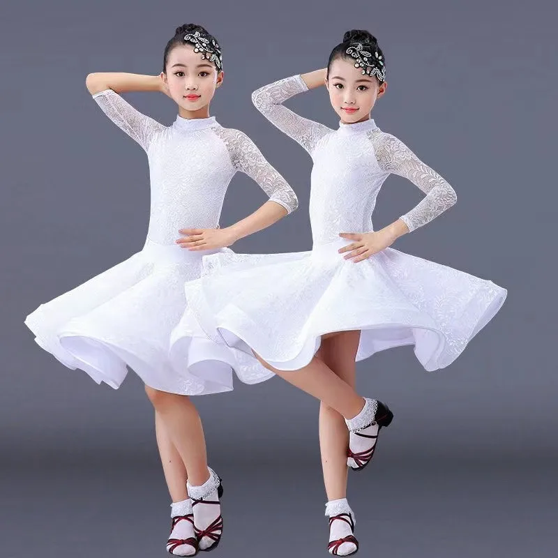 Gaun Dansa Latin Anak-anak Pakaian Panggung Desain Hitam Renda Tutu Bayi Perempuan Ruang Dansa Anak-anak Kostum Tari Salsa Samba 120-170Cm