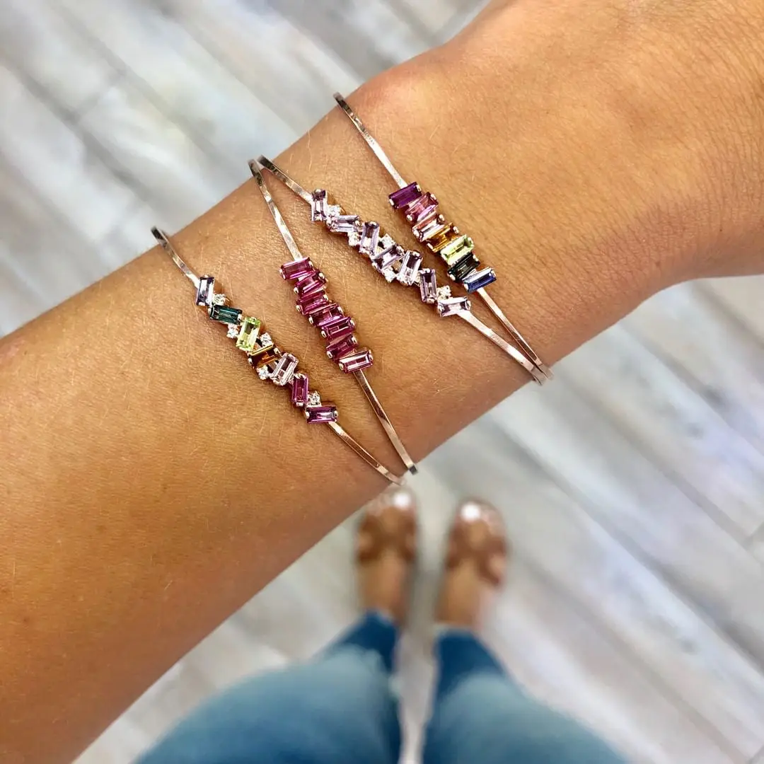 open adjusted size white rainbow rectangle cz bangle for women gilr fashion jewelry