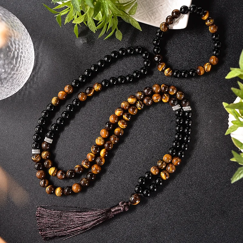 8mm Natural Yellow Tiger Eye Black Agate Beaded Mala Necklace Meditation Yoga Blessing Bracelet Set 108 Rosary Jewelry