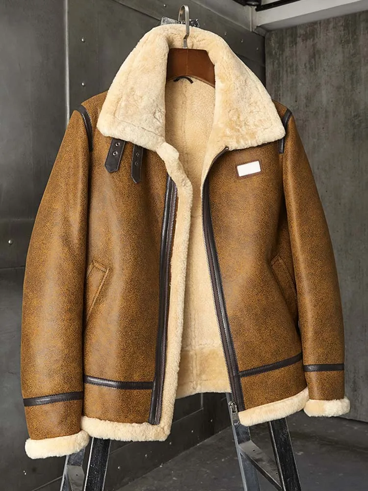 Denny&Dora New Shearling Coat Mens B3 Bomber Jacket Brown Leather Overcoat Winter Fur Parkas Natural Sheepskin Outwear