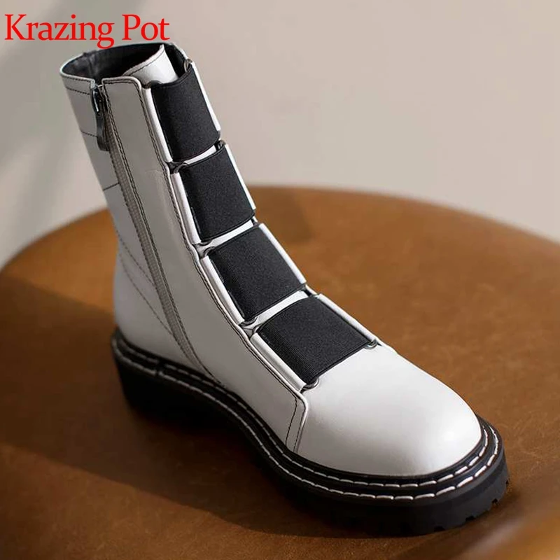 Krazing Pot new genuine leather vintage round toe motorcycle boots punk rock sewing limited customization luxury ankle boots L22