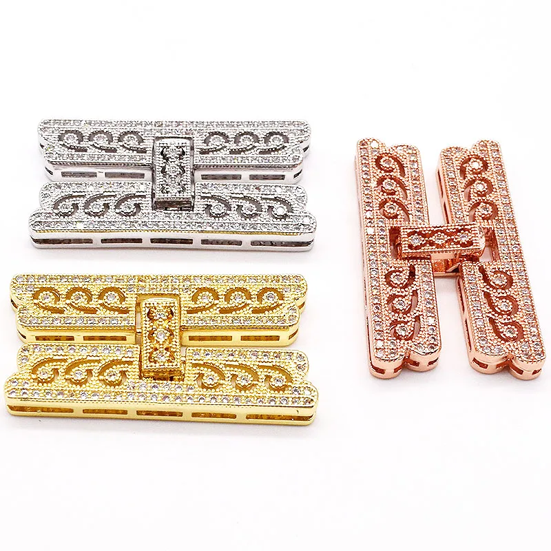 

2pcs High Quality 18x36mm 18k Gold Plated Clear CZ Micro Pave 4 Strand Clasp For Jewelry Making