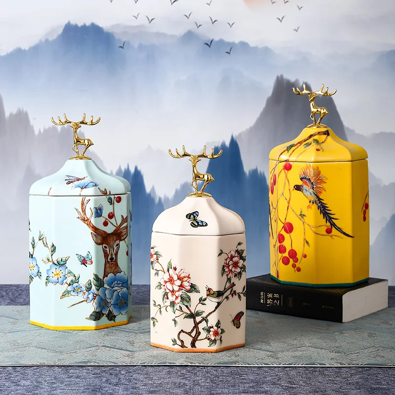 Color Flower Bird Golden Deer Candy Jar Ceramic Storage Bottle Household Nut Tea Tin Moisture-proof Storage Box Porcelain Crafts