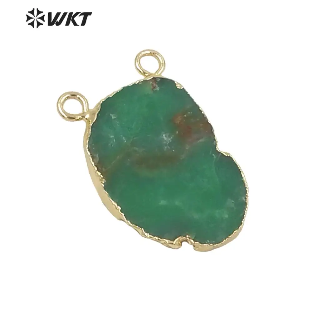 

WT-P849 All-Match Double Loops Green Pendant For Gift Natural Chrysoprase Raw Stone With Bails In 18k Gold Trim Decoration