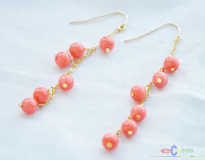 S1582 natural 6mm pink coral round dangle earring