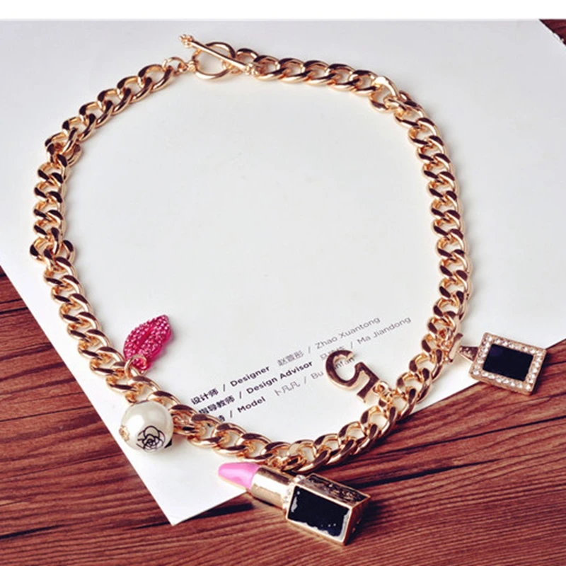 Trendy heavy metal chian choker necklace for women rose crystal kiss party jewelry outlet cheap wholesale
