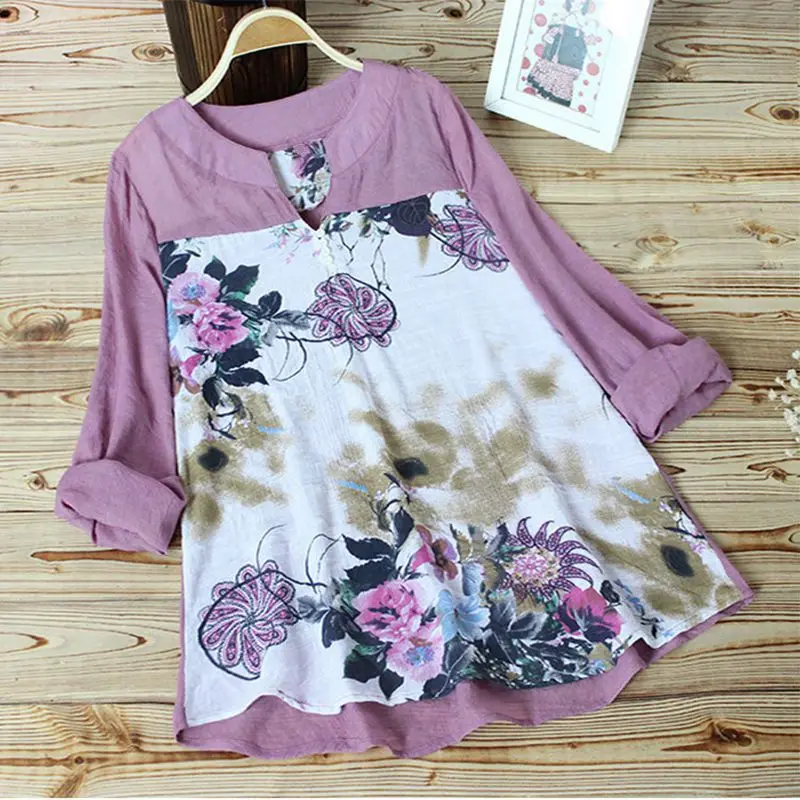 

Spring large size shirt 5XL 6XL 7XL 8XL 9XL bust 142CM fashion women's temperament cotton linen printing stitching long sleeves