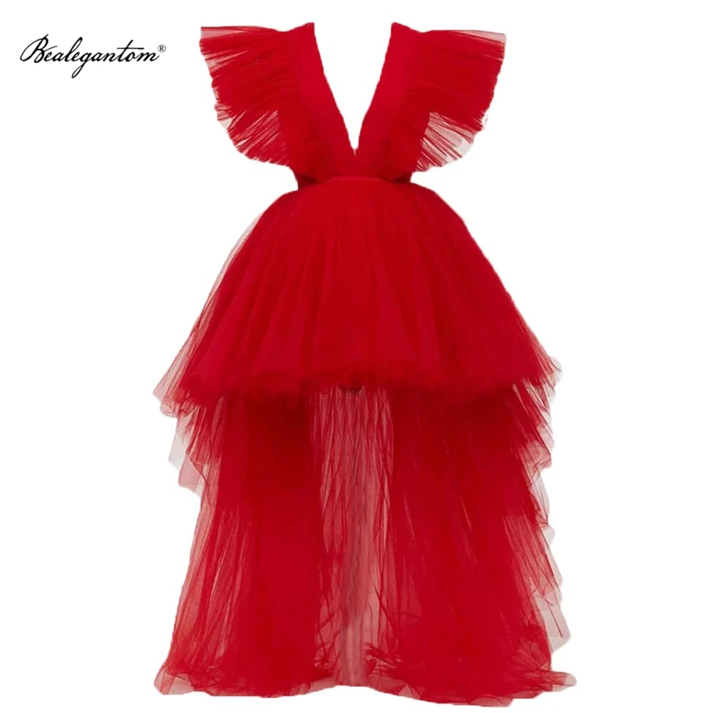 Bealegantom Custom Made Red High Low Evening Dresses Prom Puffy V Neck Dubai Saudi Arabic Special Occasion Formal Party Gowns