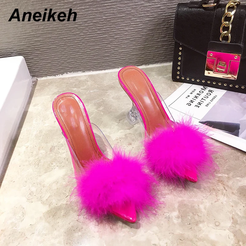 Aneikeh 2024 Summer Fashion Sandals Women PVC Open toe Fluffy Terlik Crystal  High Heels Lady Wedding Slip On Pumps Party Shoes