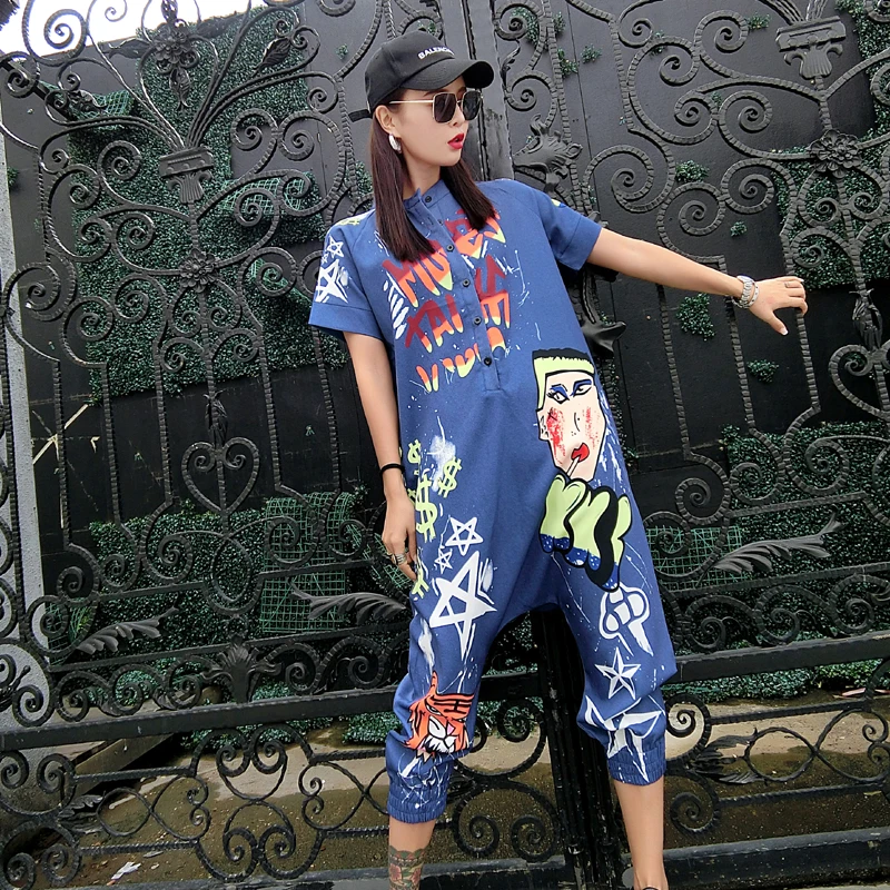 

New Women Cartoon Graffiti Printing One Piece Overalls Mandarin Collar Short Sleeve Jumpsuit Hip Hop Design Rompers Baggy Pants