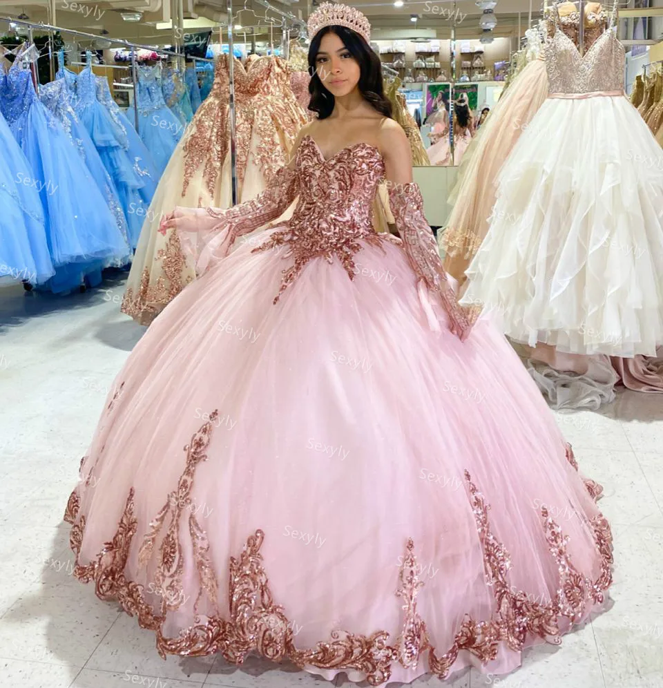 Sparkle Roze Sequin Quinceanera Jurken Charro 2022 Bling Puffy Tulle Sweet 15 Jaar Oude Lange Sleeeve Prom Party Jurk Prinses