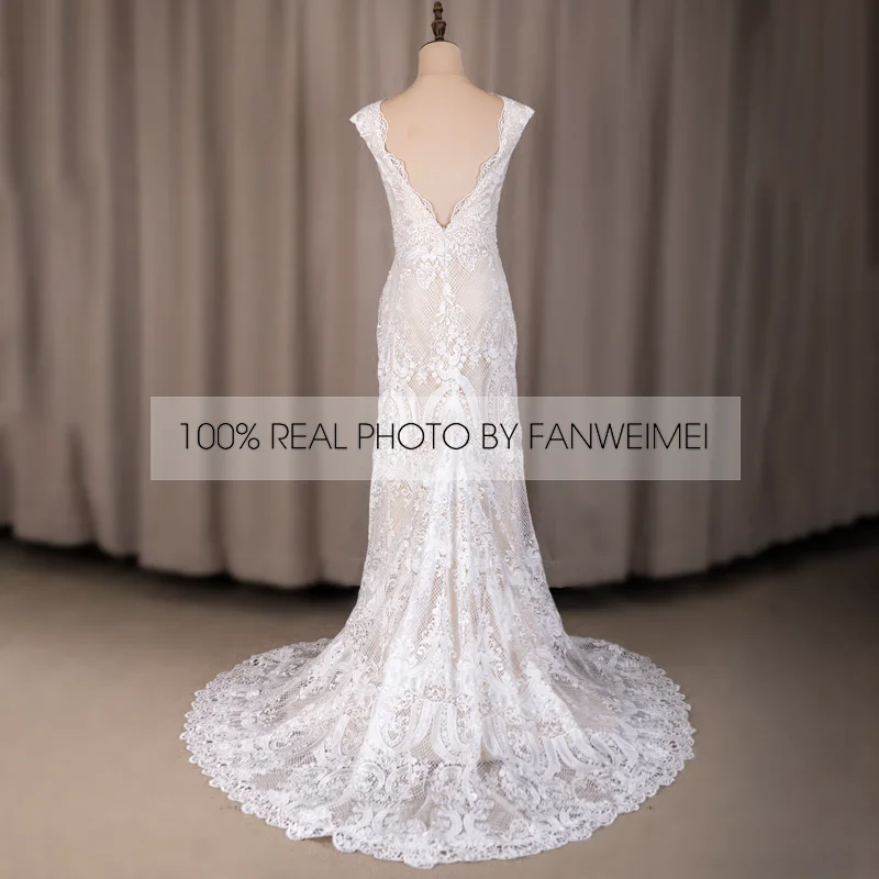 794#Deep V-Neck Sexy Backless Cap Sleeve Lace Sheath Boho Bohemian Wedding Bride Dress REAL PHOTO FACTORY PRICE CUSTOM MADE