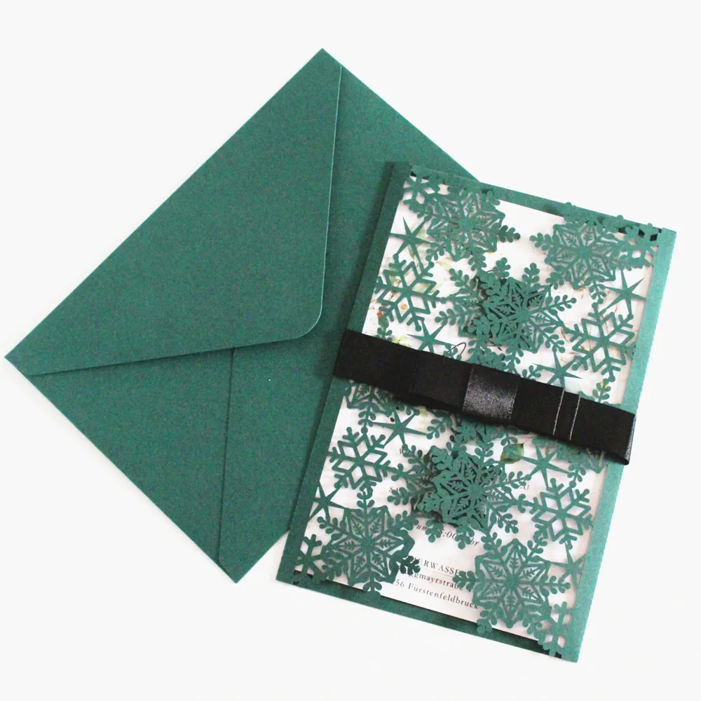 Dark Green Invitation Cards Envelopes Snowflake Laser Cutting Winter Fall Outdoor Wedding Invite Personalized Printing 50pcs