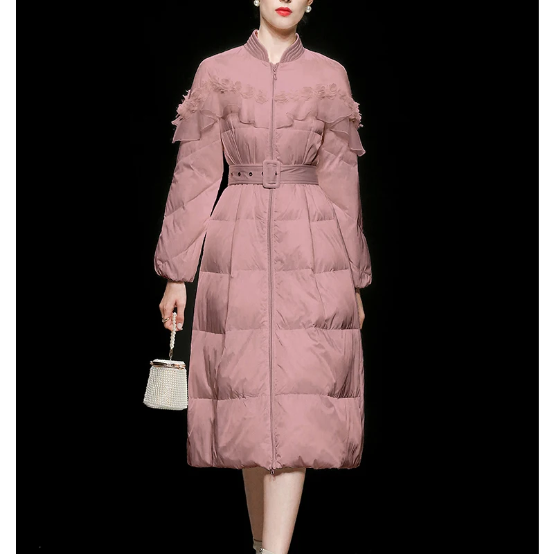 Winter 2021 New Women's Fog Pink Stand-up Collar Mid-length White Duck Down Jacket Thickened Waist Over-the-knee Jacket