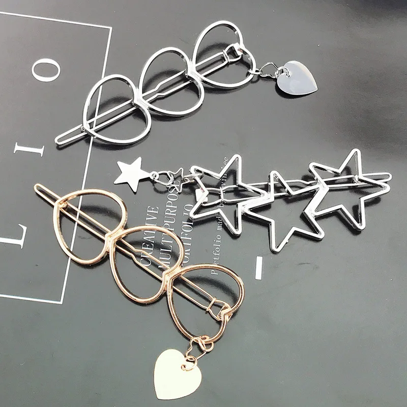 Fashion new girl love five-pointed star alloy clip bangs clip adult simple hollow hairpin clip child woman Hair Accessories