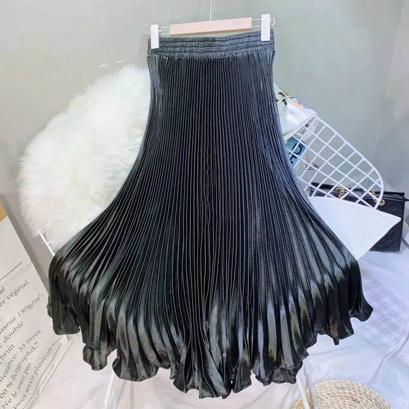 Women\'s Elegant Metal Color Mermaid Skirt Female Korean High Waist Satin Pleated Maxi Skirts 11 Colors 2020 Summer Saias SK544