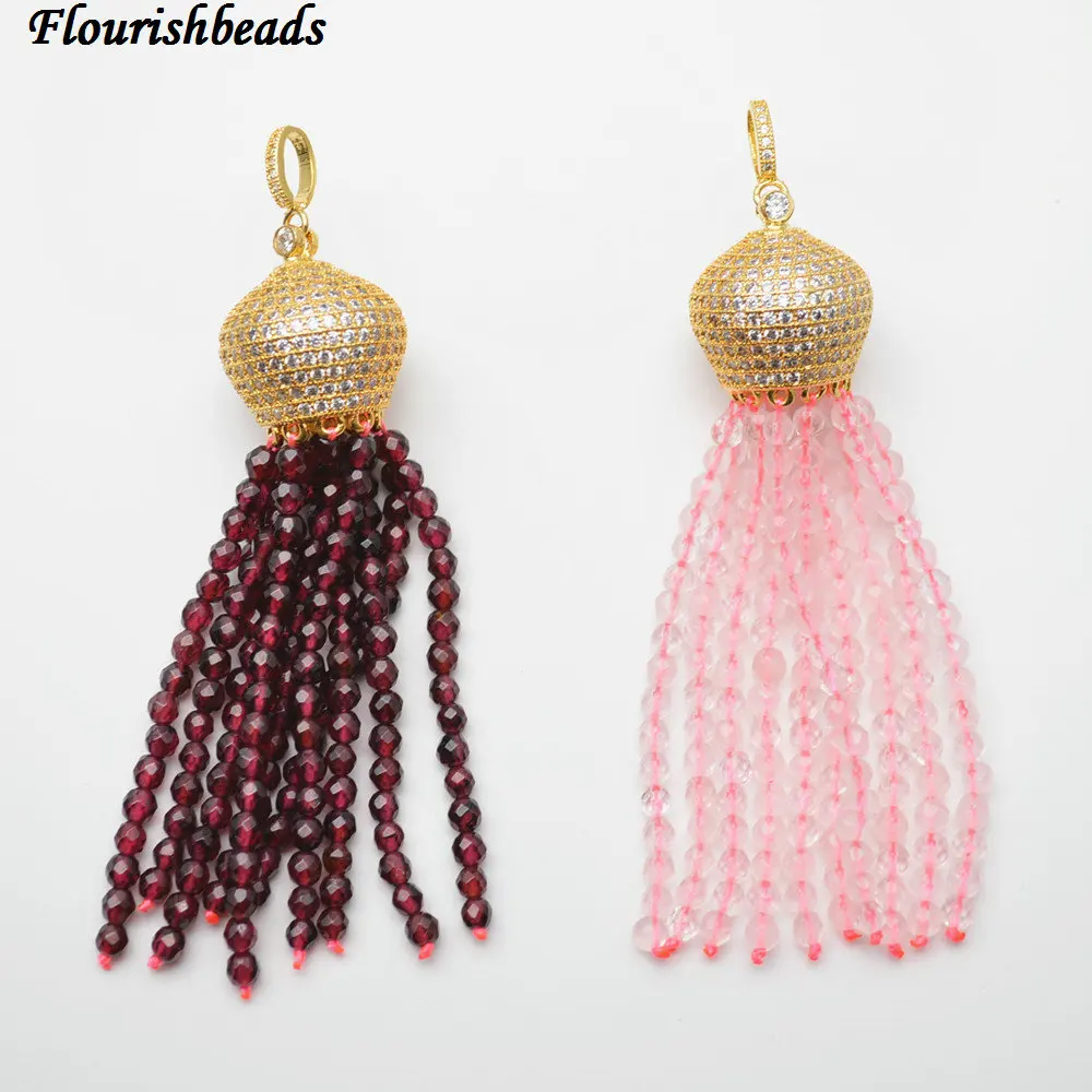 Natural Faceted 3mm Garnet / Rose Quartz / White Howlite Turquoise Round Beads Tassel Pendants Paved CZ Metal Crown Cap