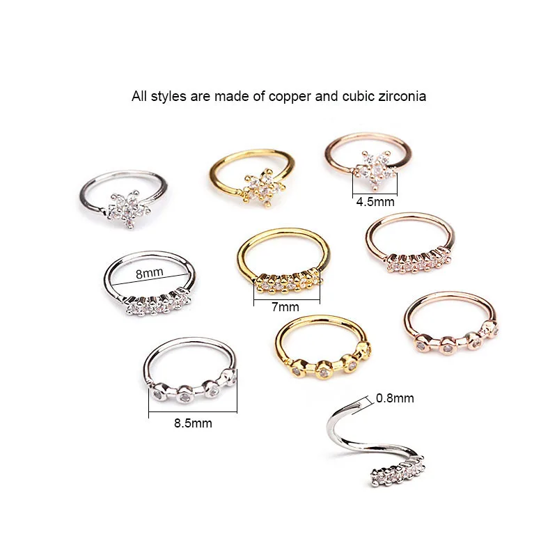 WOOZU 100% Copper Inlaid Zircon Fake Nose Ring Hoop Ring Single Piece Nose Piercing Earring Fake Piercing Oreja Jewelry