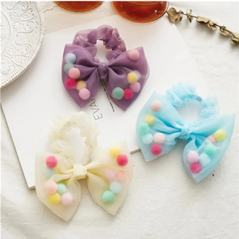 Teen Girls Organza Bow Hair Scrunchies Cute Balls Inside Korean Hair Accessories Elastic Bowknot Hair Band Ponytail-Holder