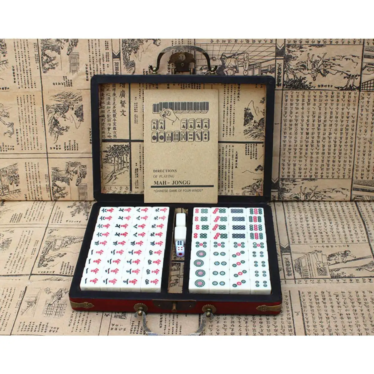 Mahjong com caixa, conjunto portátil de 144 telhas mah-ong china