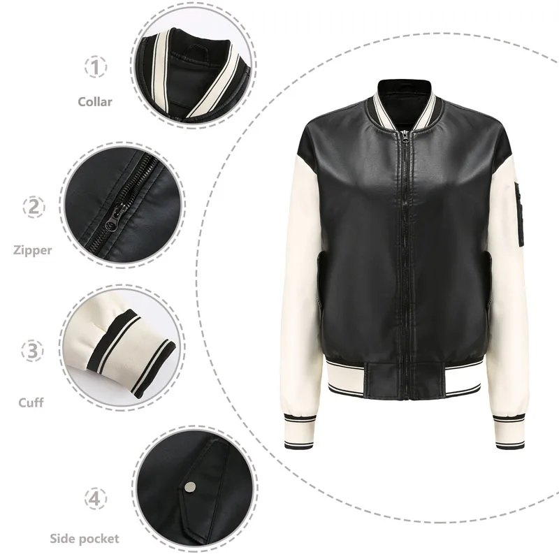 Honkbal Uniform Jas Herfst Vrouwen Pu Lederen Jas Mode Patchwork Leren Jas Losse Motorfiets Top Uitloper Lady WF268