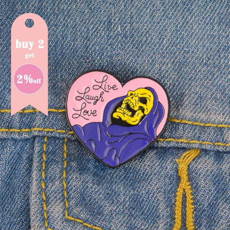 Live Laugh Love ! Skeletor Halloween Gothic Dark Heart Shape Skull Skeleton Death Godfather Enamel Badge Brooches Lapel Pins