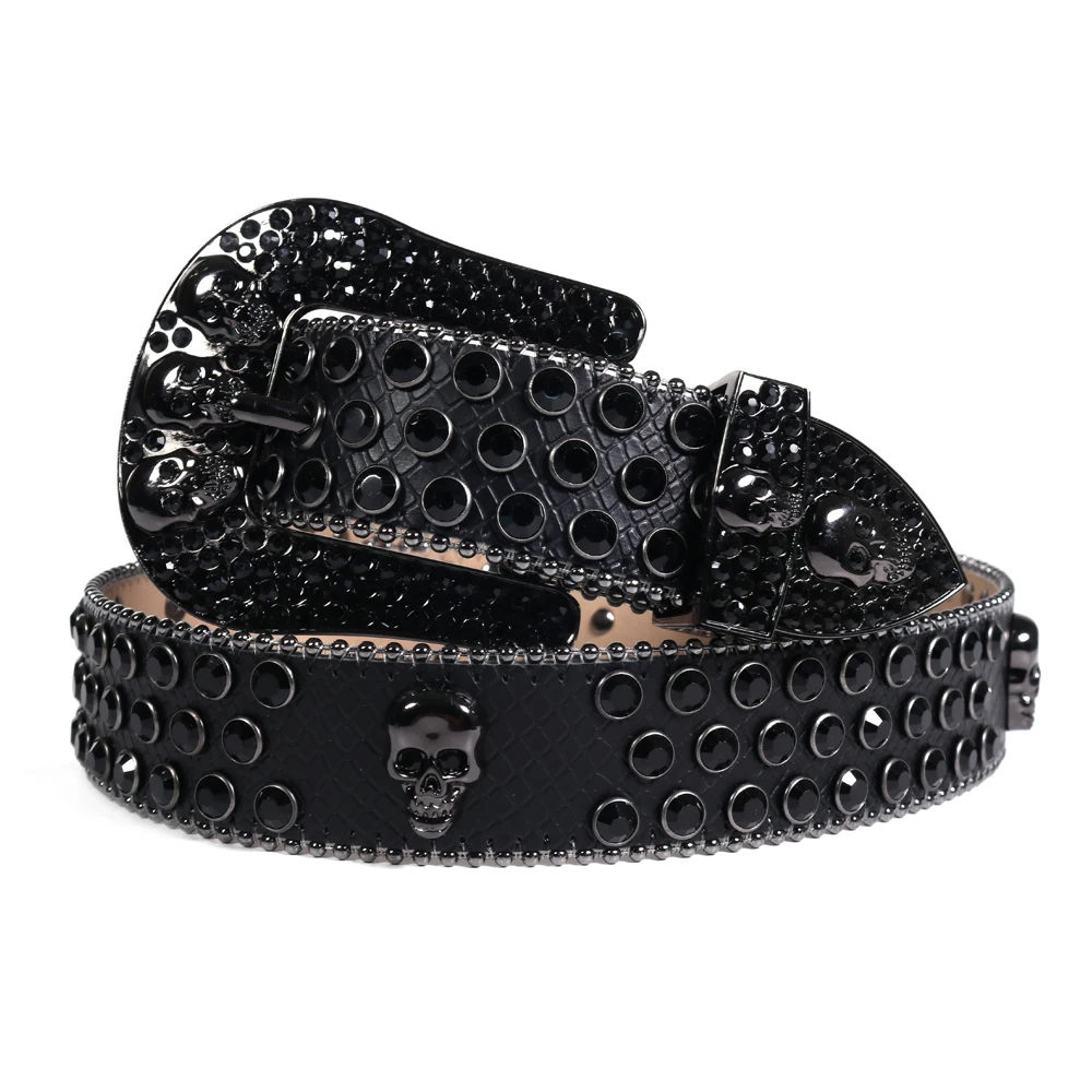 

Hot Sale Rhinestones Belt Western Black Skull Belt Diamond For Women Men Fashion Pin Buckle Cool Cowboy For Jeans Ceinture Femme